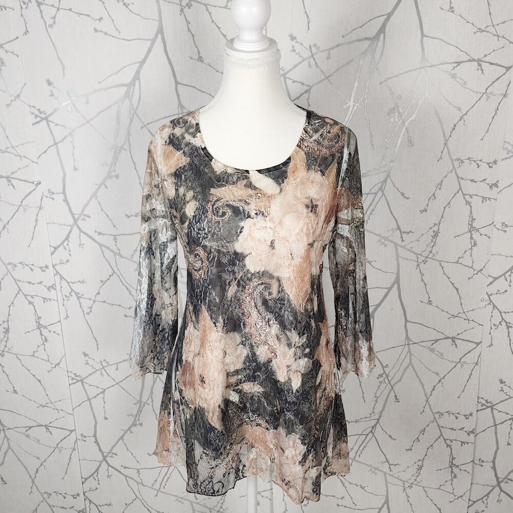 Brittany Black Floral Lace Overlay Round Neck Flowy Tunic